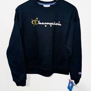 Champion Women’s Black Gold Stars Logo Crewneck Sweatshirt Small NWT